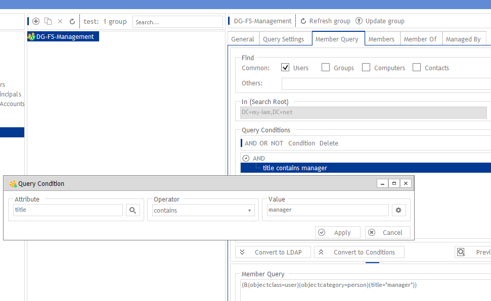 DynamicGroup: Specify query conditions